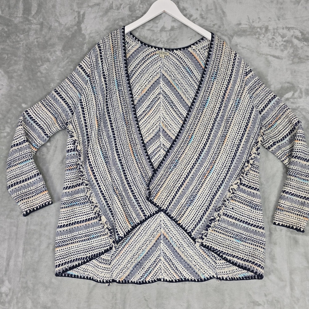 Lucky Brand Womens Draped Open Front Fringe Trim Cardigan Sweater Large Boho